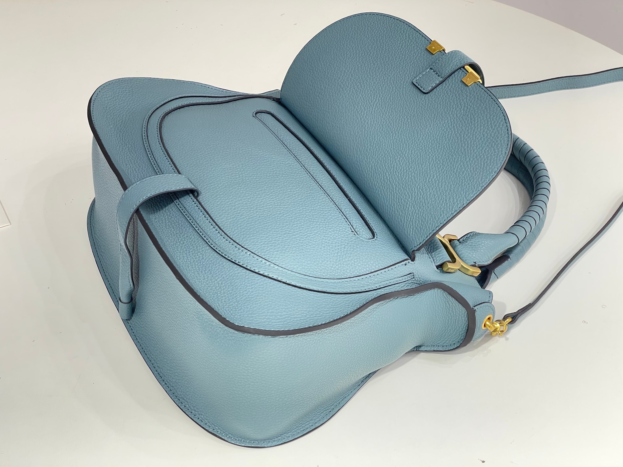 Chloe Large Marcie Bag In Light Blue Grained Leather